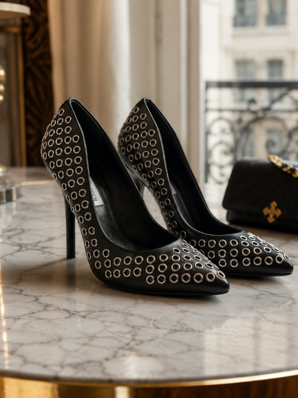 Steve Madden Grommet Pump Black Studded Heels Almond Toe Pumps